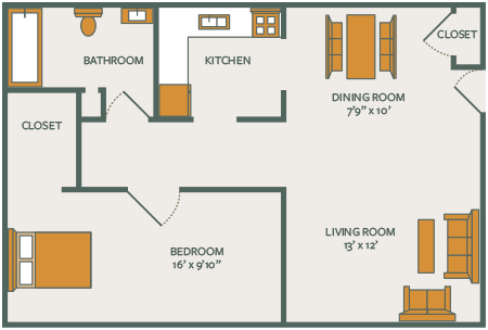 Floor plan for 1 bed, 1 bath, 570 sqft